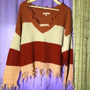 Love Tree Crop Top Sweater Distressed Grunge Boho Earthy Stripes Super Cute! L